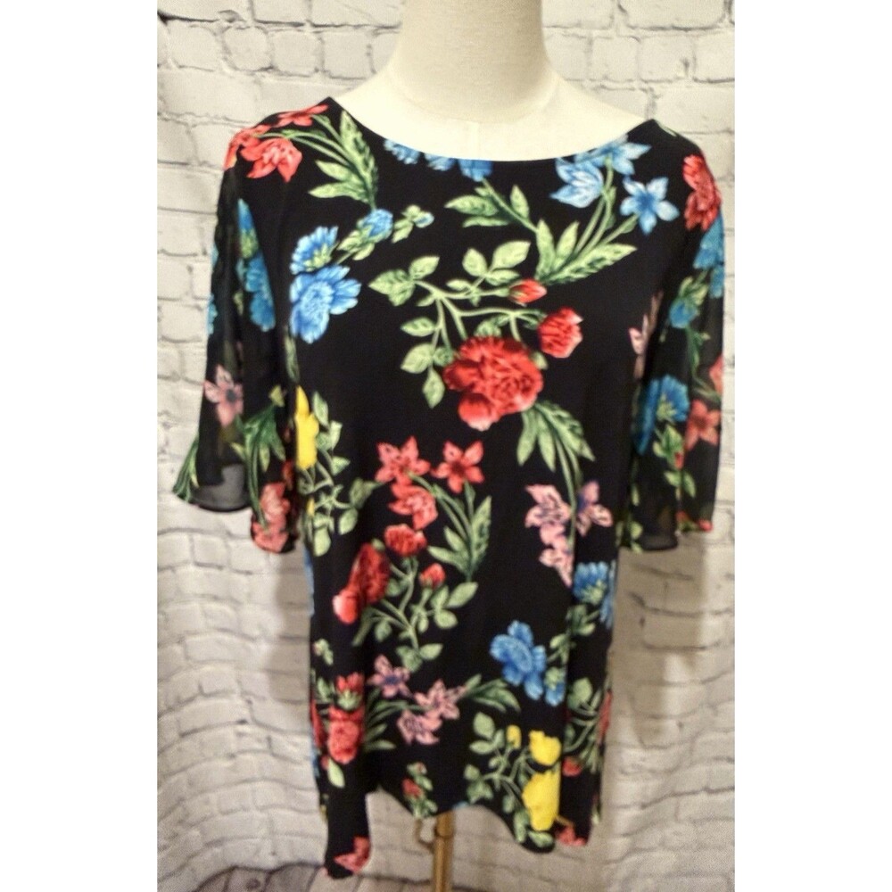 Calvin Klein Light weight Black Floral V Neck Short Sleeve Blouse Top Size Large